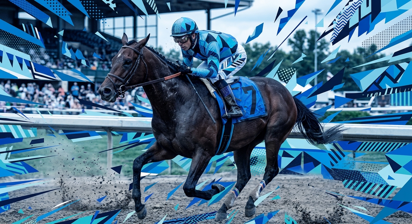 A thoroughbred and jockey in blue silks at full stride down the home straight